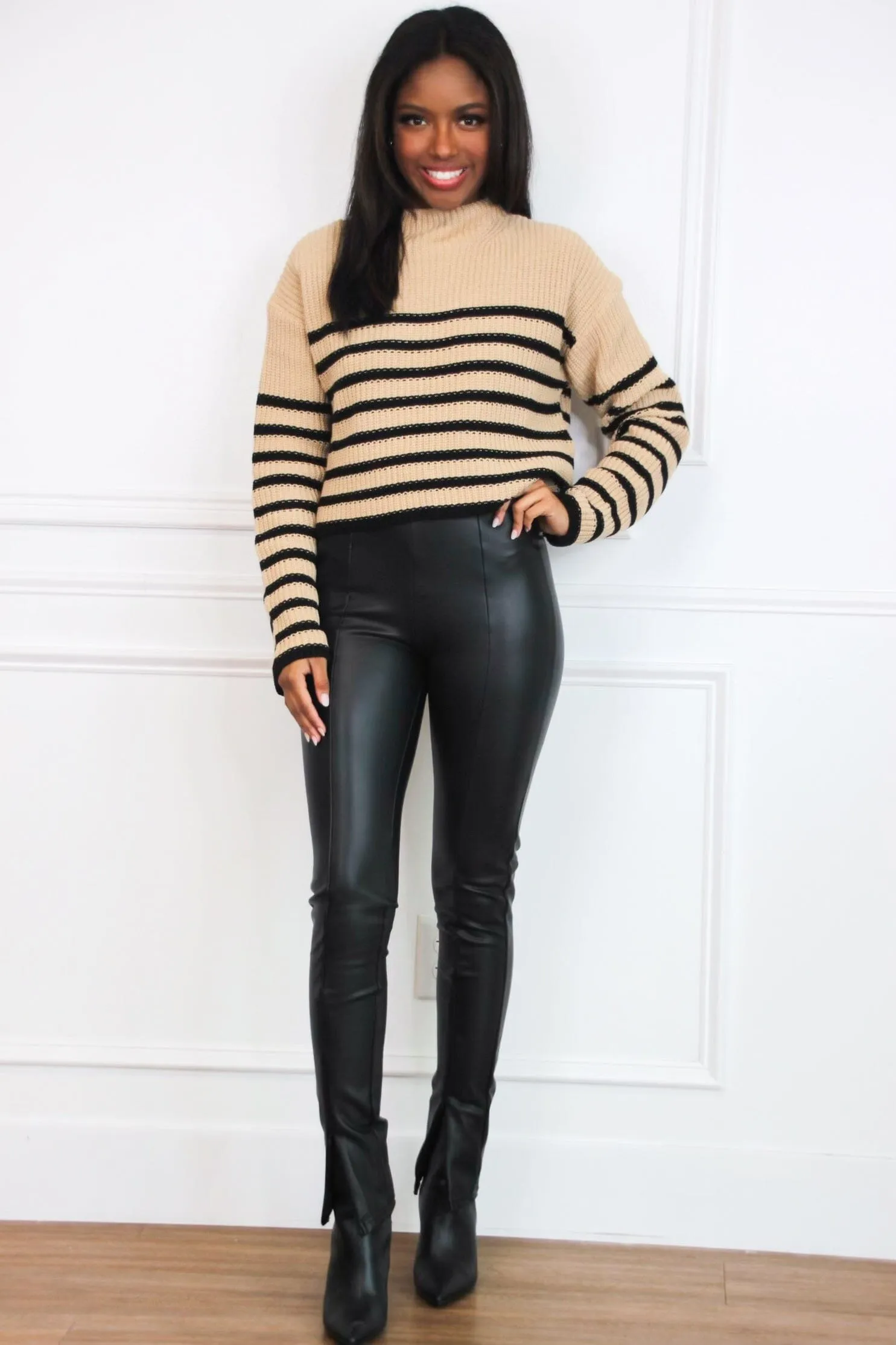 Olly Striped Mock Neck Sweater: Taupe/Black Multi