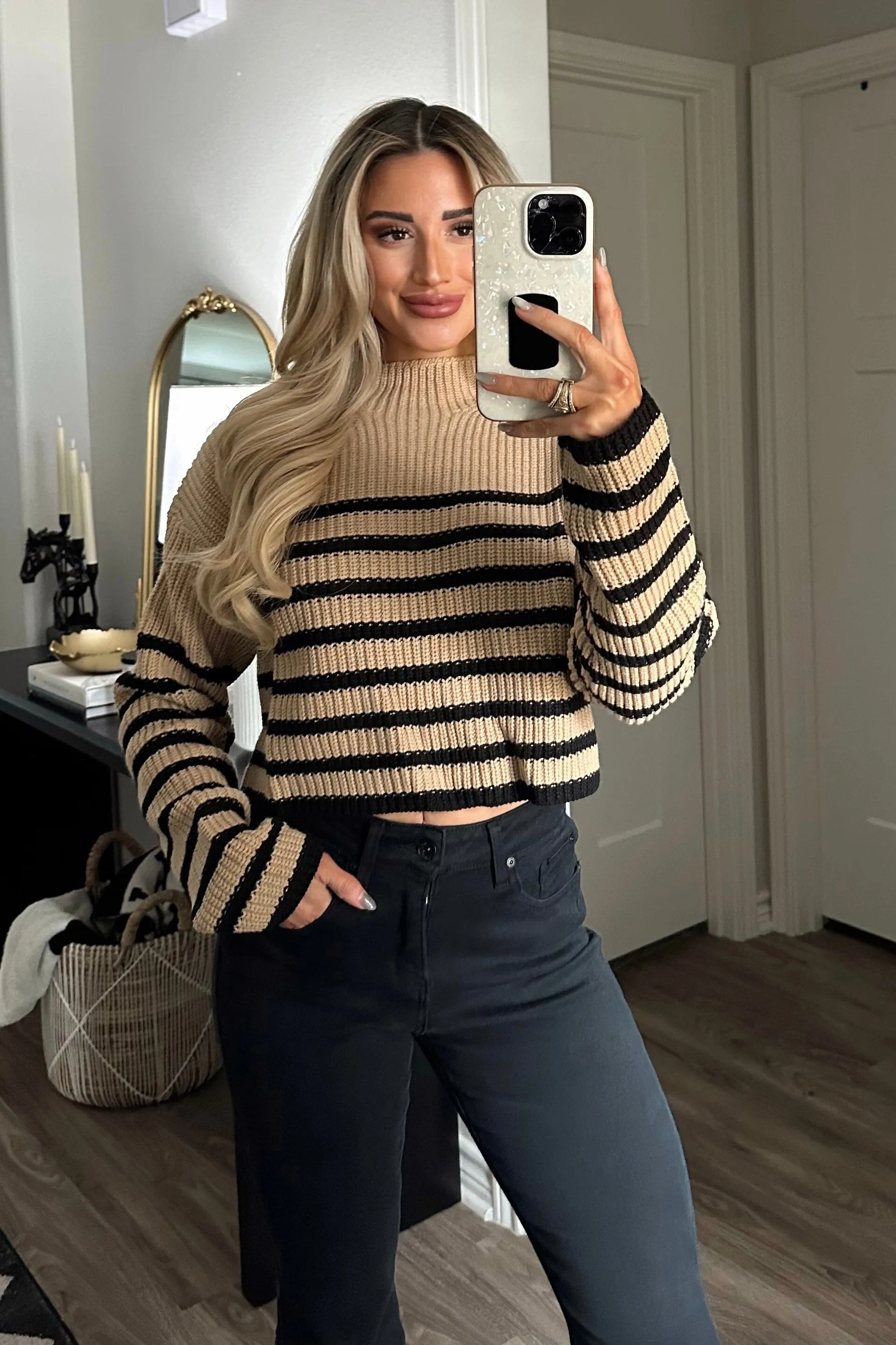 Olly Striped Mock Neck Sweater: Taupe/Black Multi