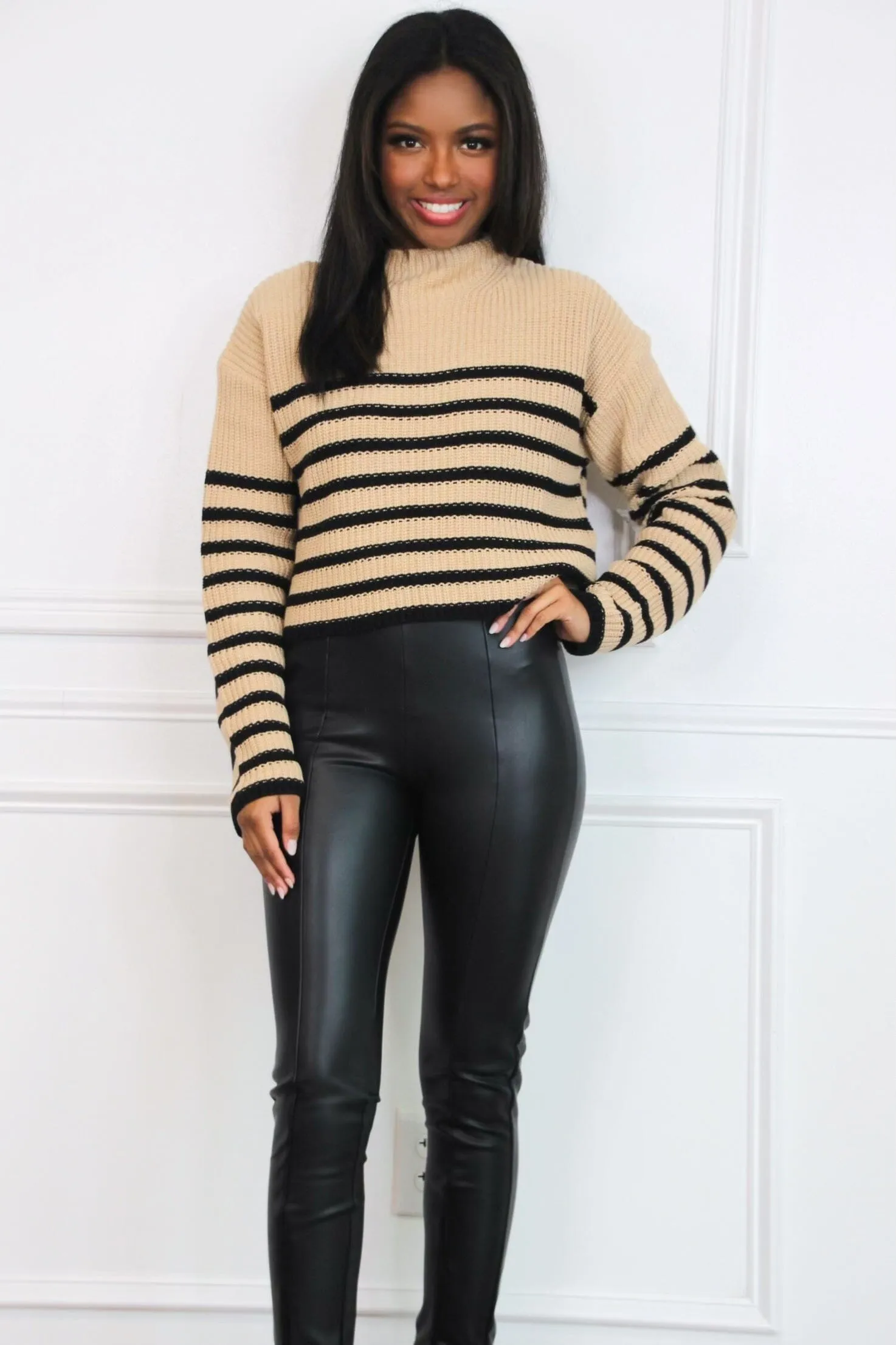Olly Striped Mock Neck Sweater: Taupe/Black Multi