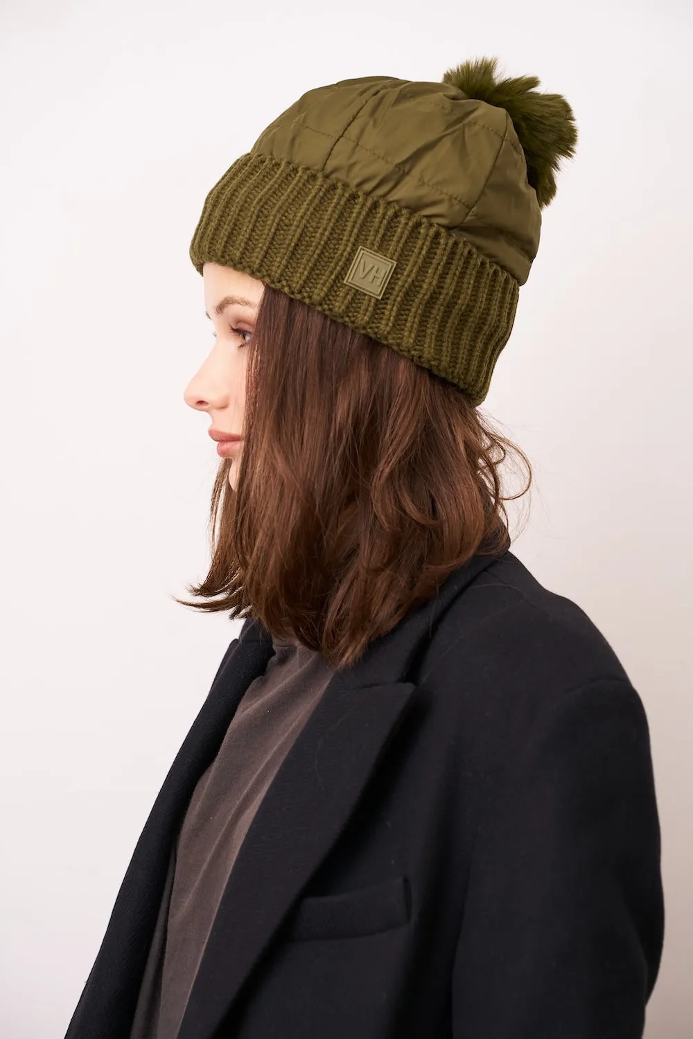 PUFFER POMPOM HAT - OLIVE