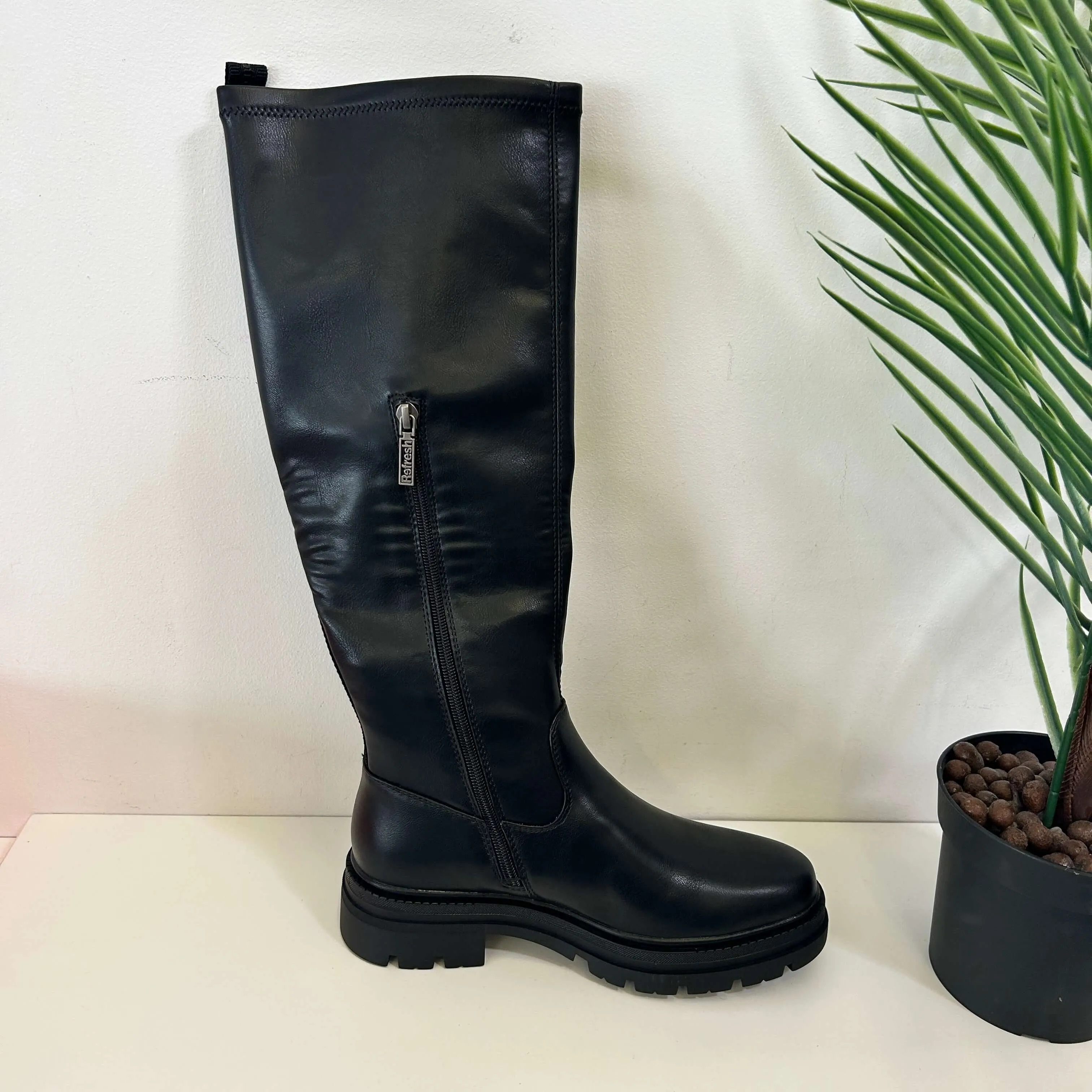 Refresh Chunky Black Leatherette Tall Ladies Boots