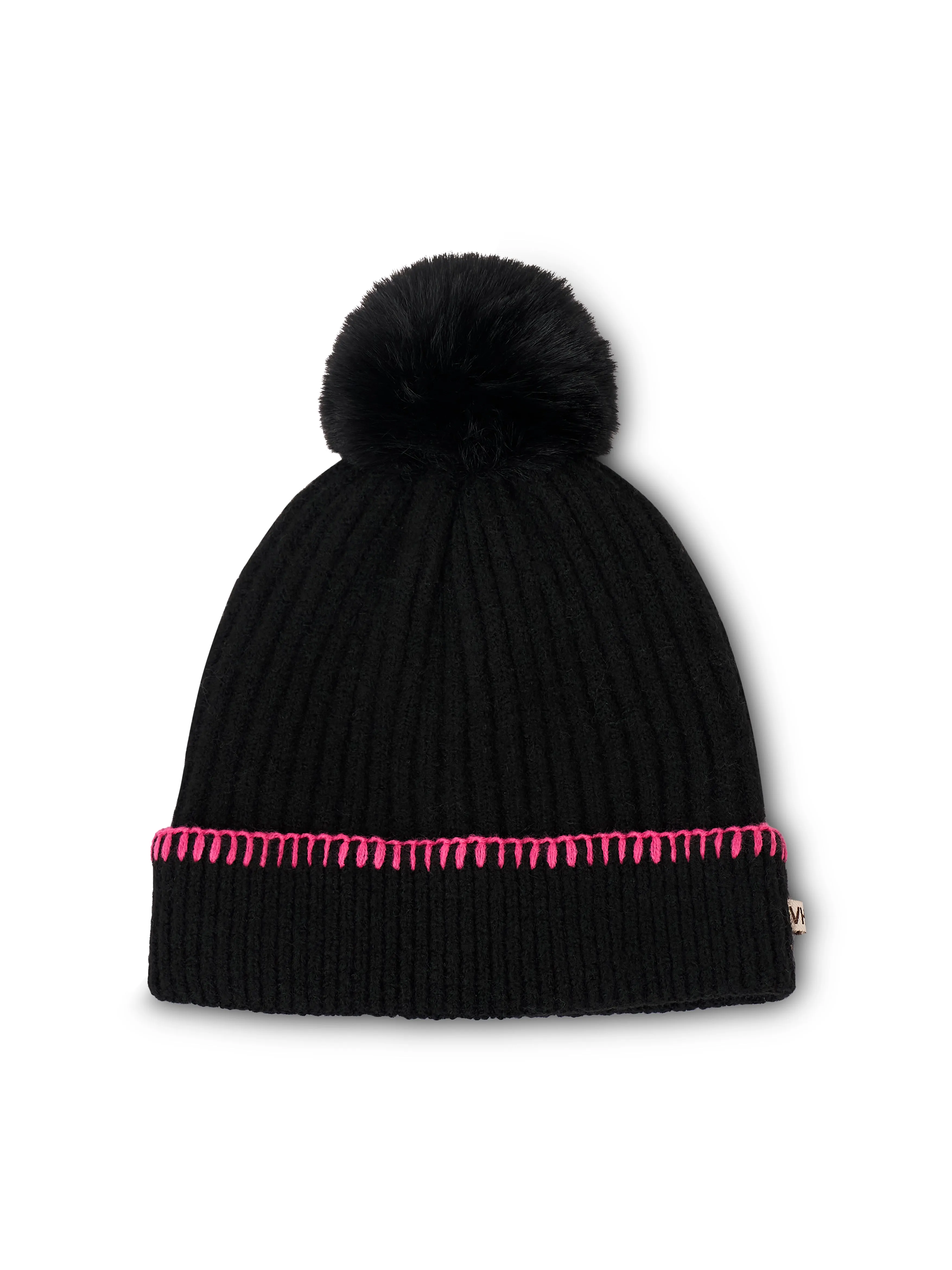 RIBBED POMPOM BEANIE - BLACK/PINK