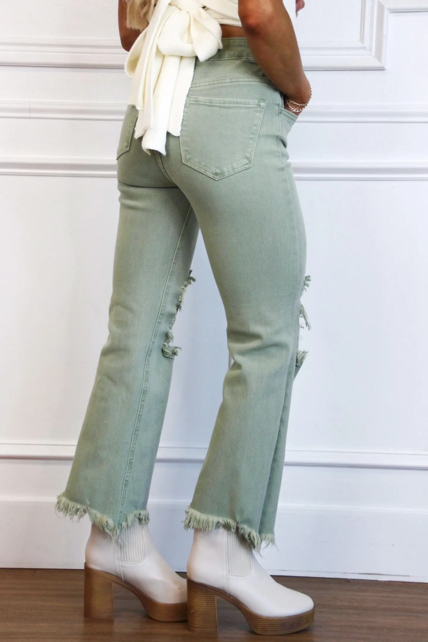Riva Distressed High Rise Straight Denim: Olive