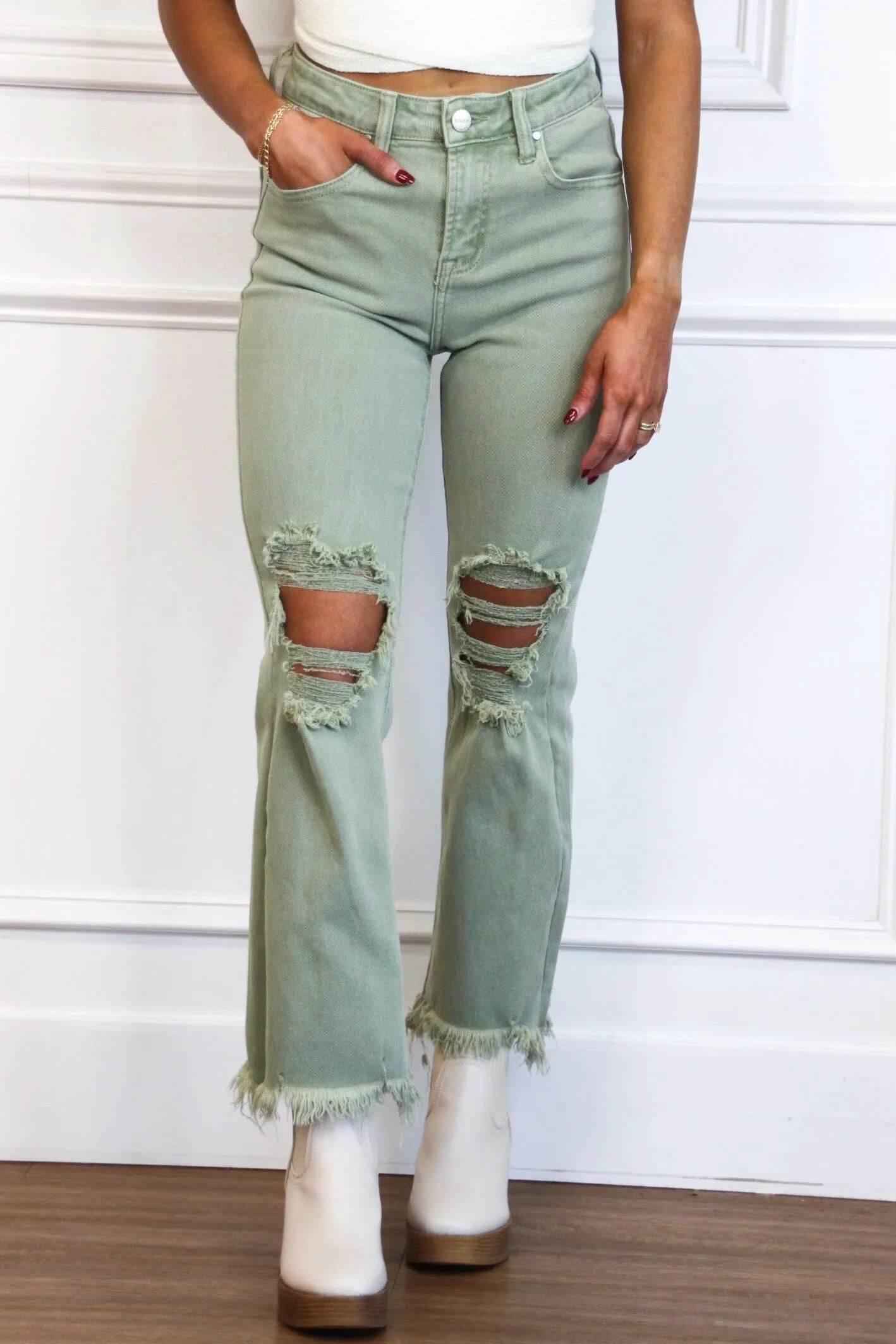 Riva Distressed High Rise Straight Denim: Olive