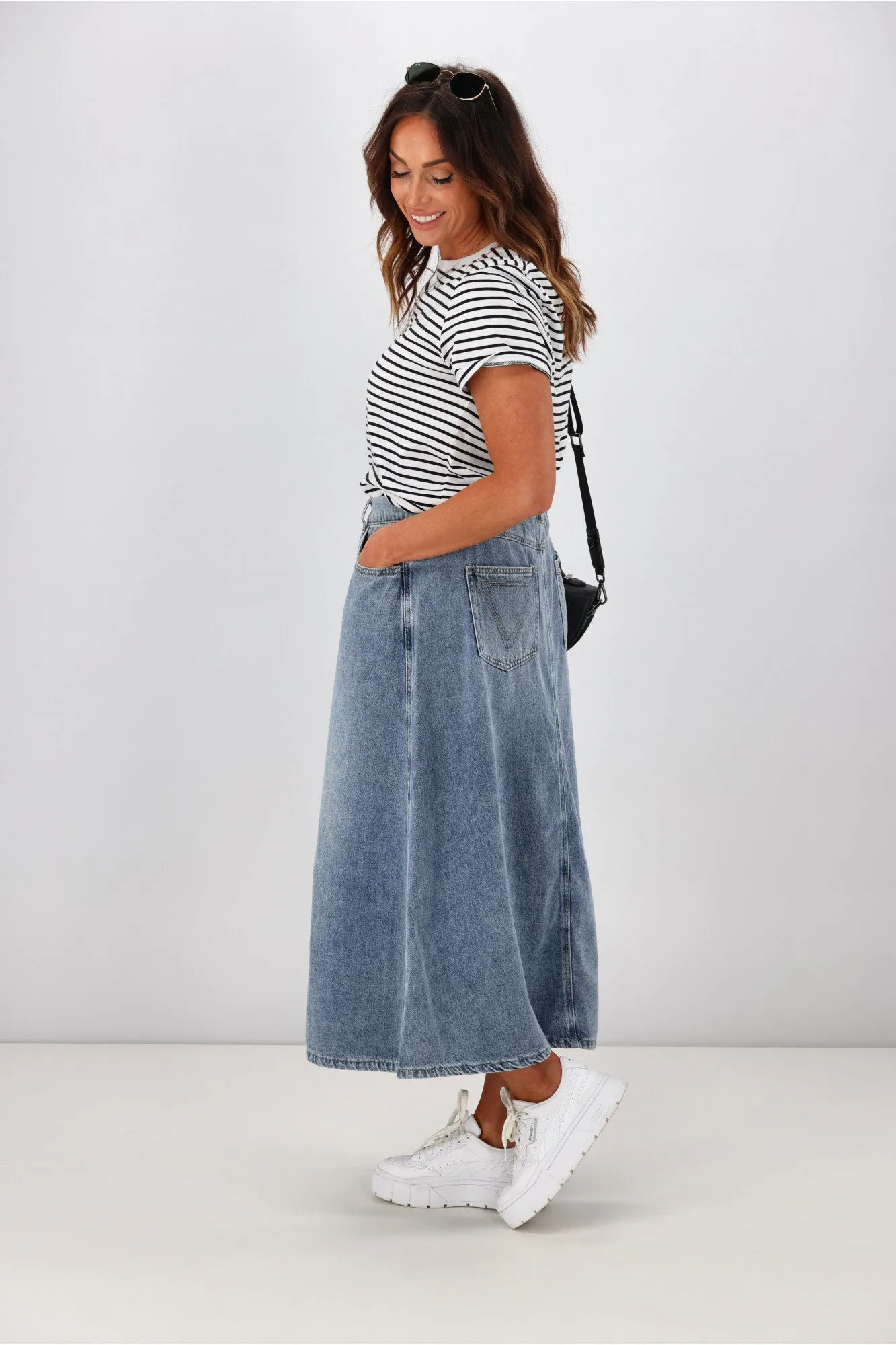 Shine On Label Hunter Fluid Denim Skirt Indigo