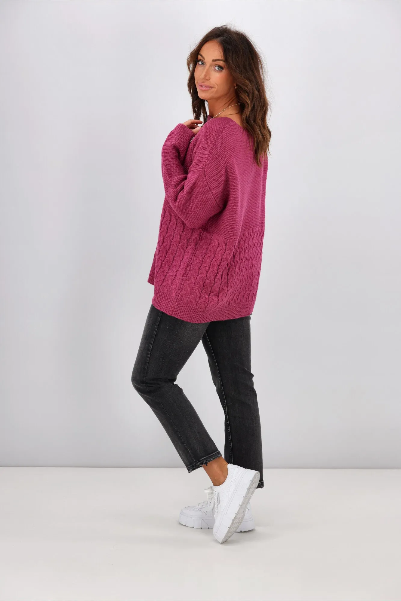 Shine On Label Maria Cable Detail Drop Shoulder Jumper Orchid Pink