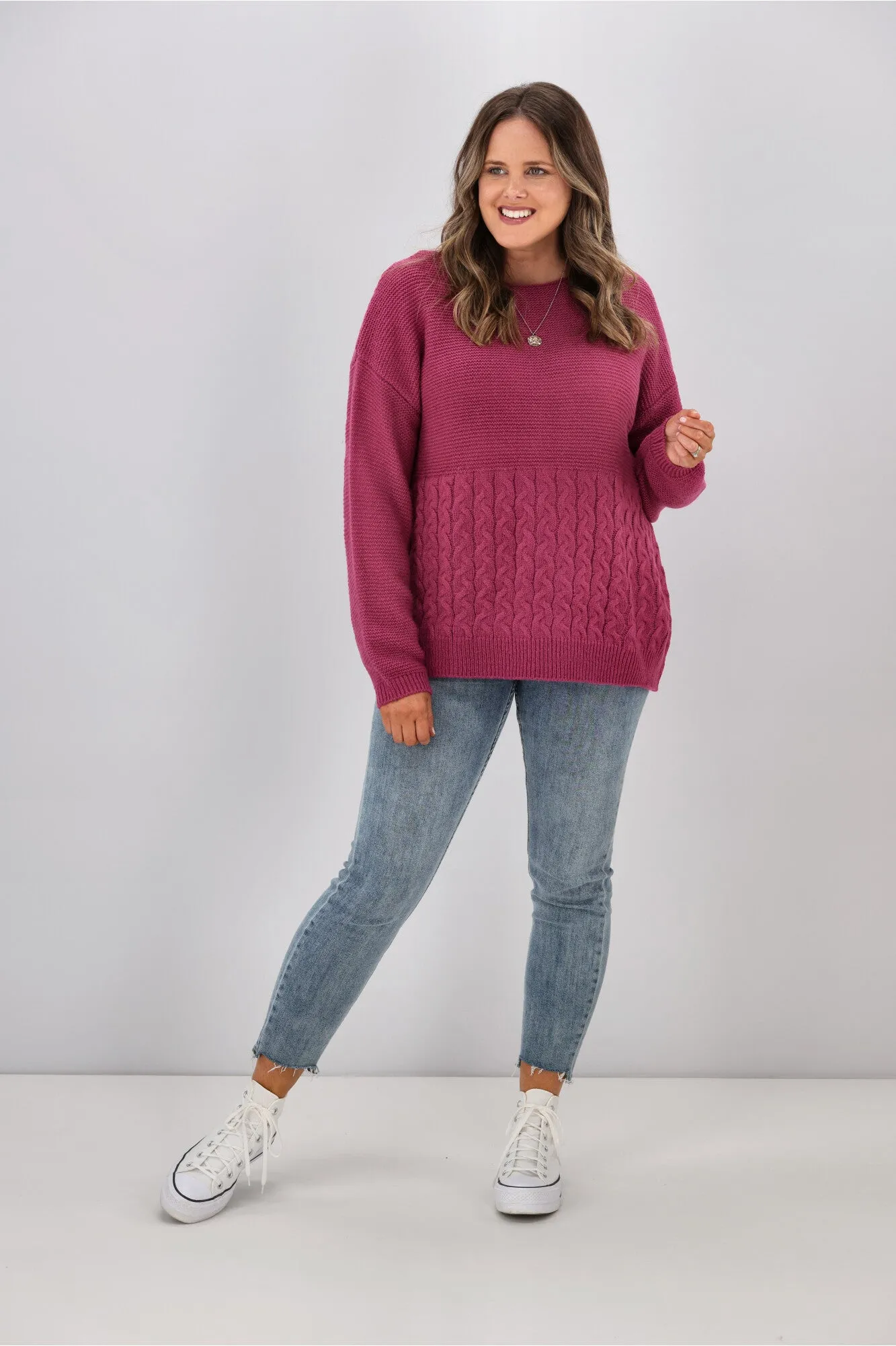 Shine On Label Maria Cable Detail Drop Shoulder Jumper Orchid Pink