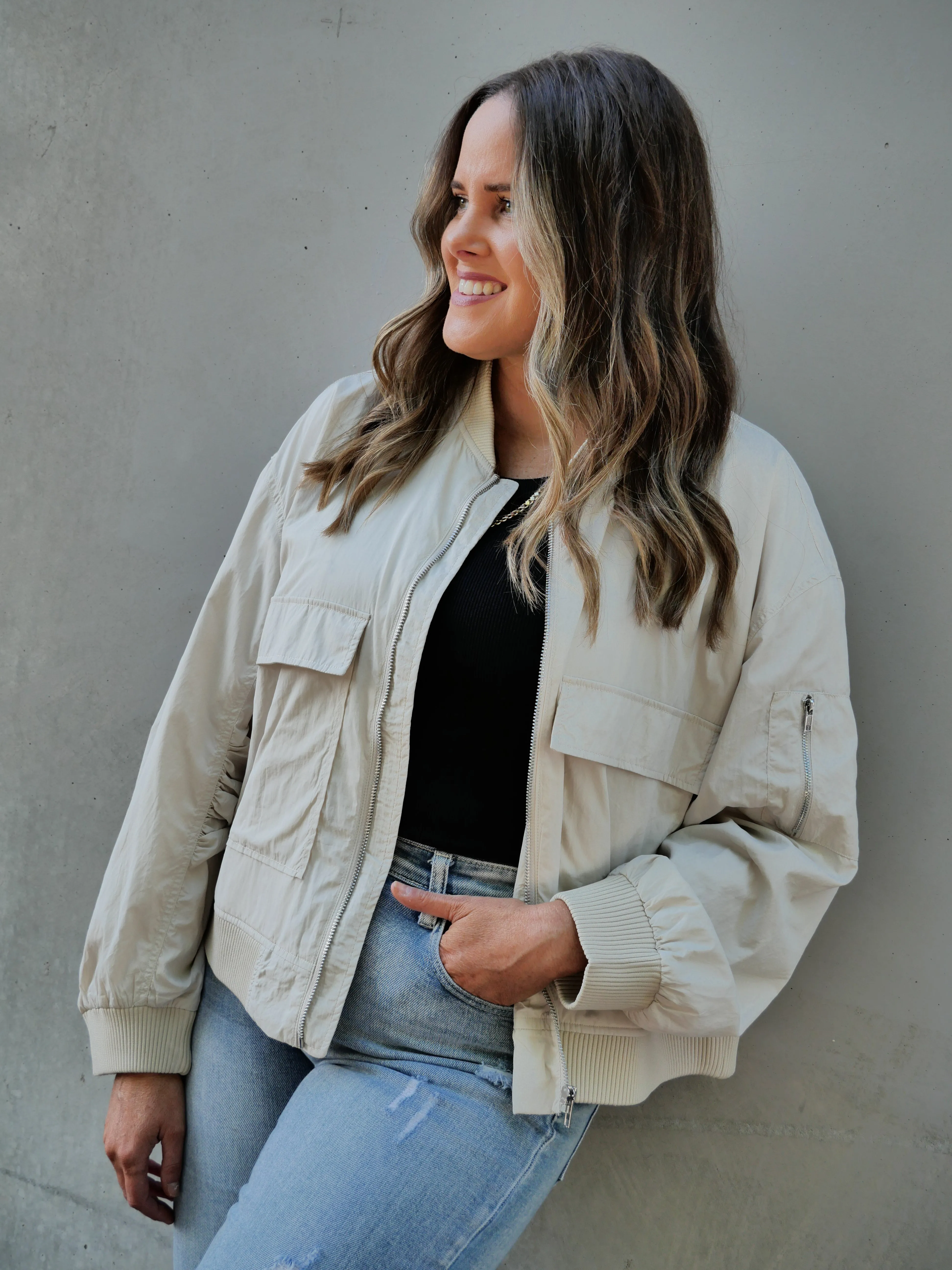 Shine On Label Melrose Utility Bomber Jacket Stone