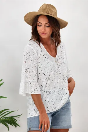 Shine On Label Tiffany Broderie V Neck Top White