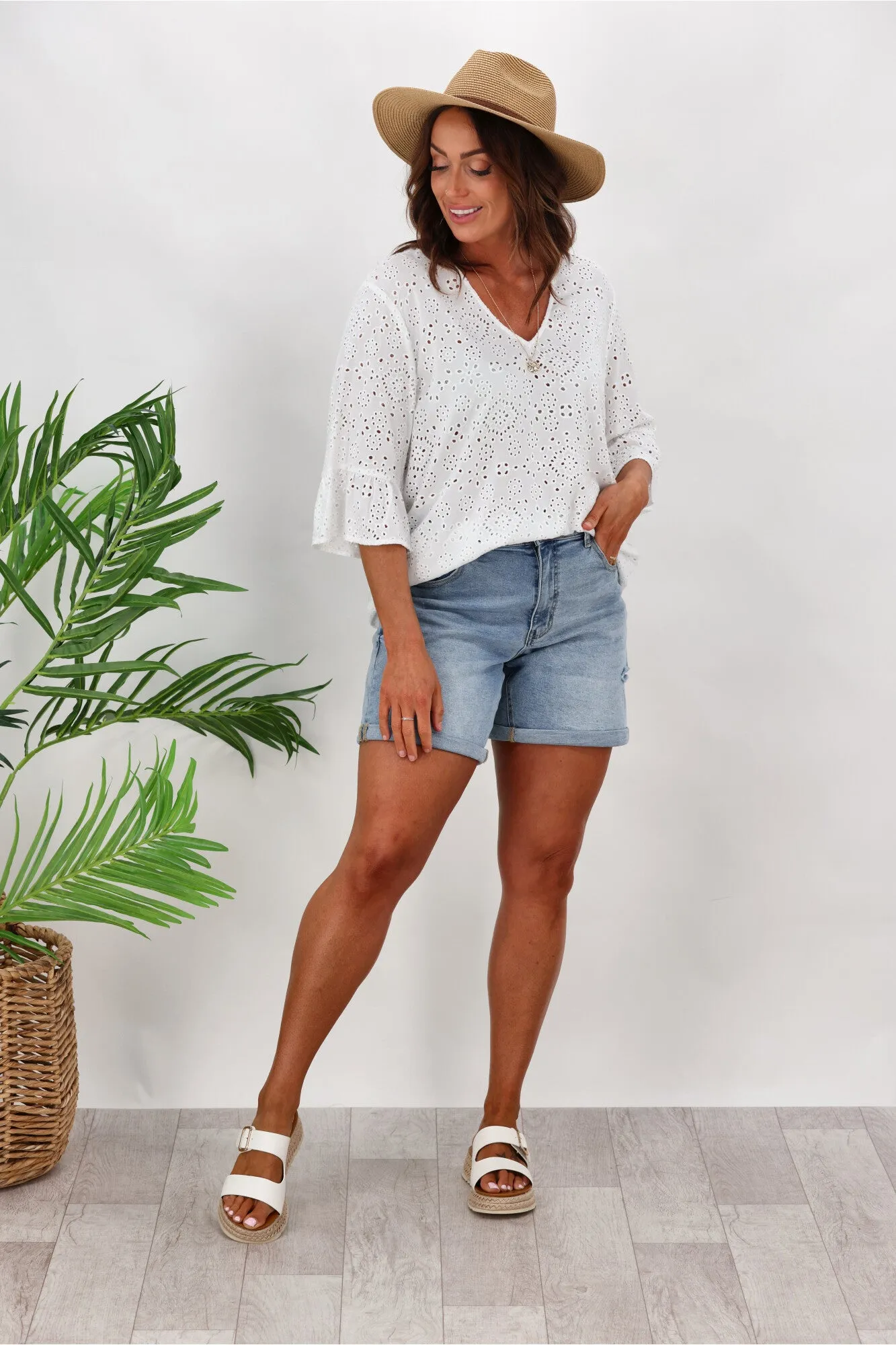 Shine On Label Tiffany Broderie V Neck Top White