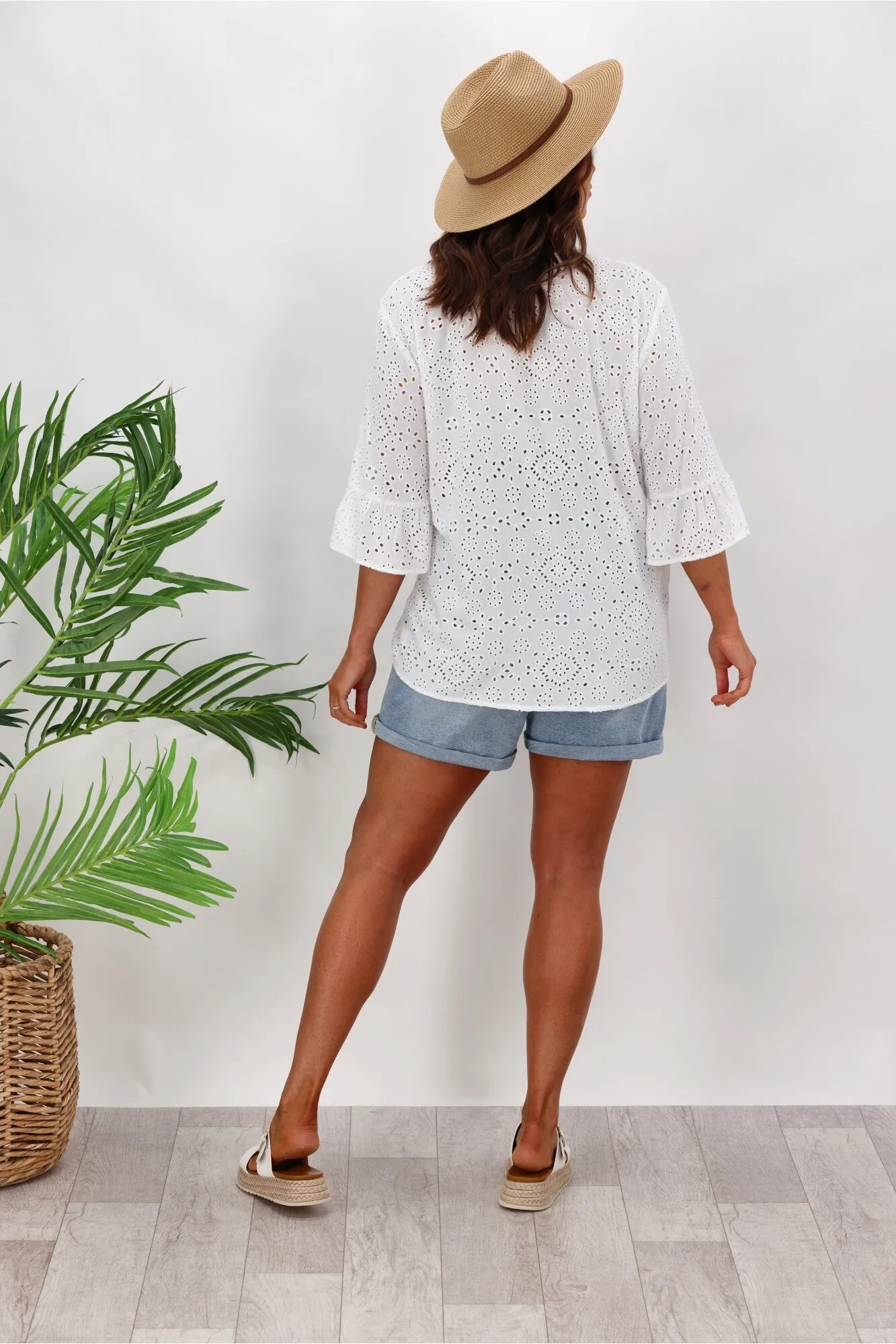 Shine On Label Tiffany Broderie V Neck Top White