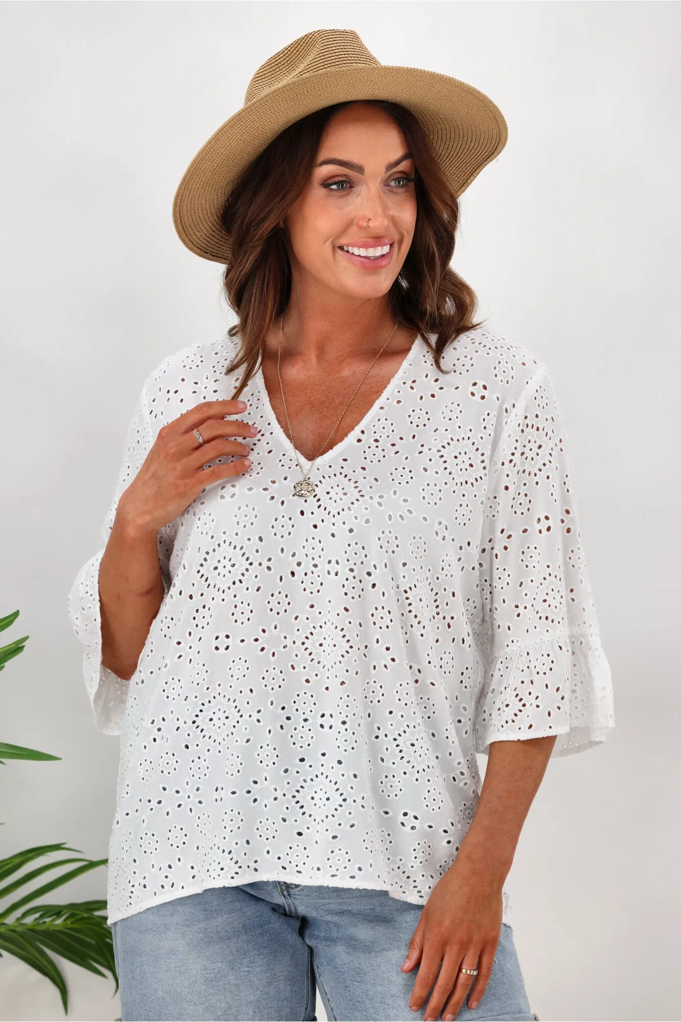 Shine On Label Tiffany Broderie V Neck Top White