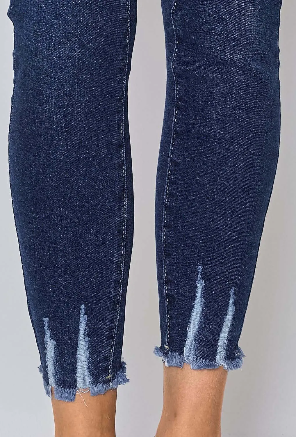 Stretchy Dark Wash Distressed Ankle Jeans