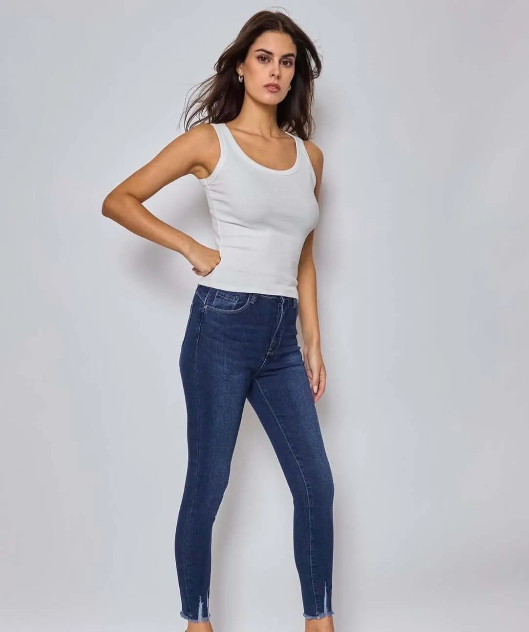 Stretchy Dark Wash Distressed Ankle Jeans