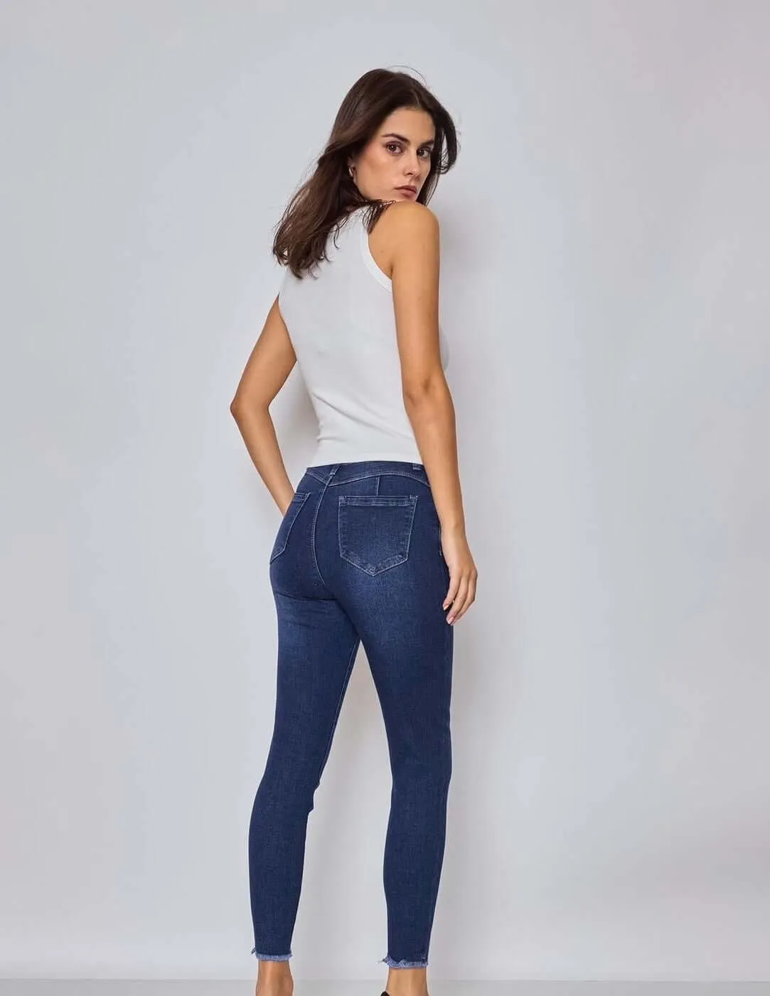 Stretchy Dark Wash Distressed Ankle Jeans