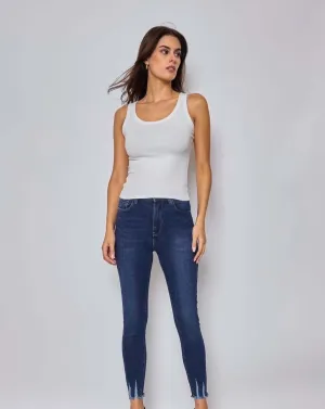 Stretchy Dark Wash Distressed Ankle Jeans