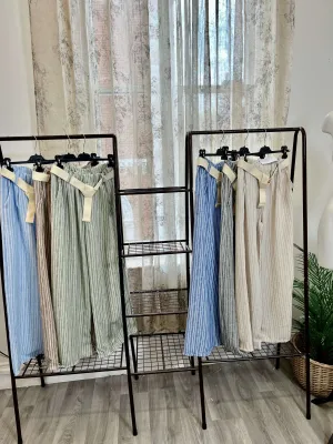 Striped Wide Leg Belted Summer Trousers