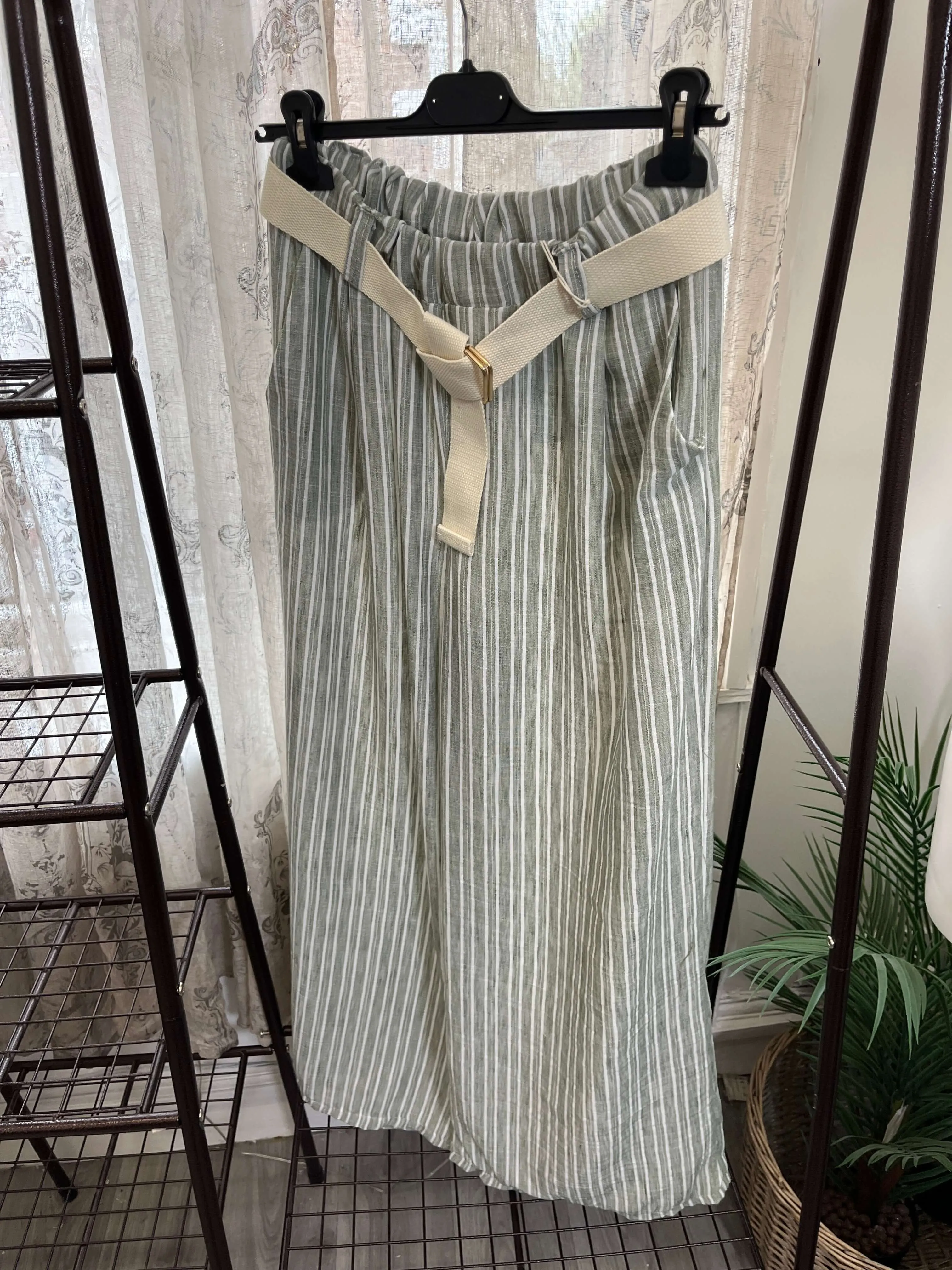 Striped Wide Leg Belted Summer Trousers