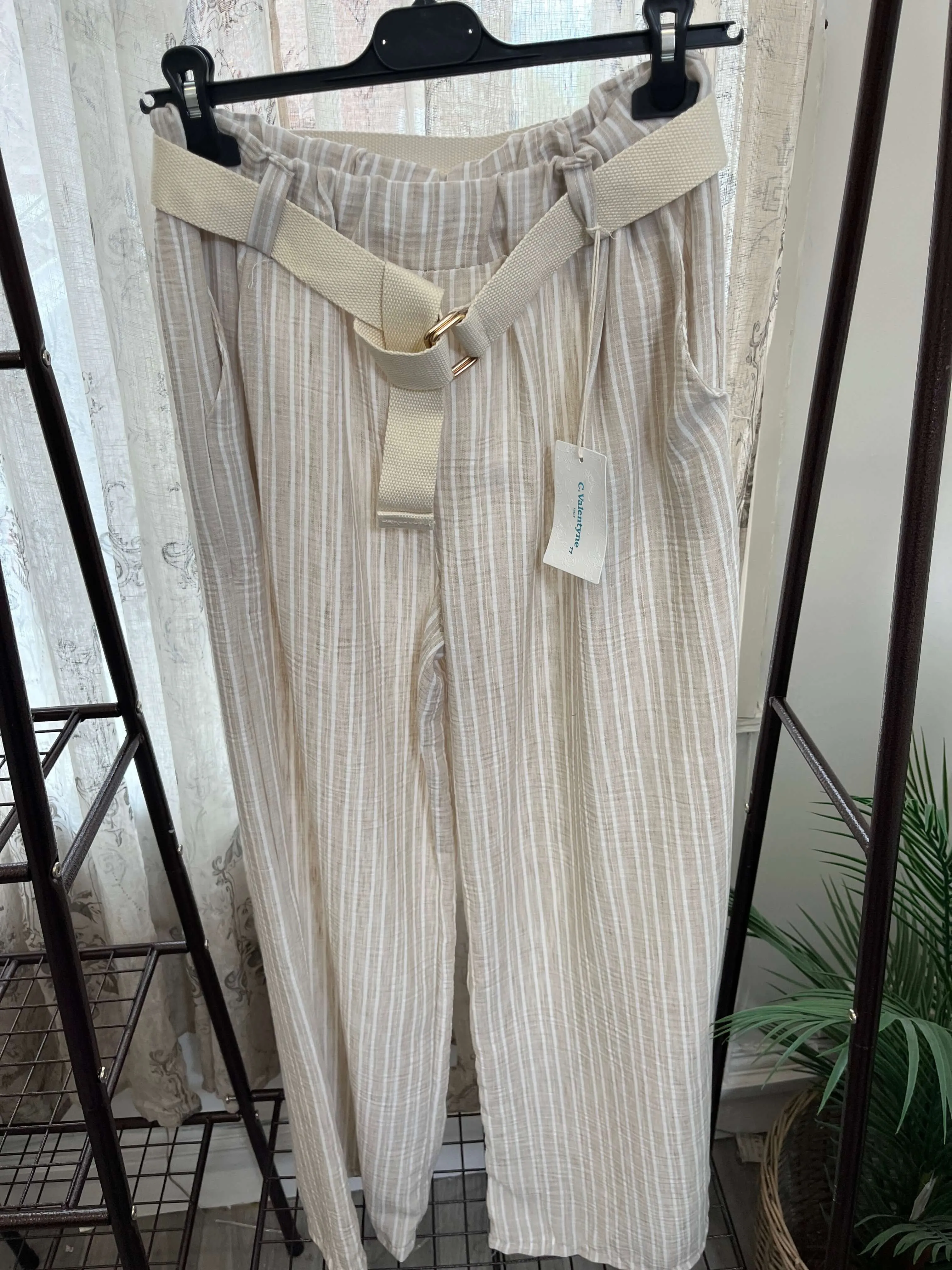 Striped Wide Leg Belted Summer Trousers