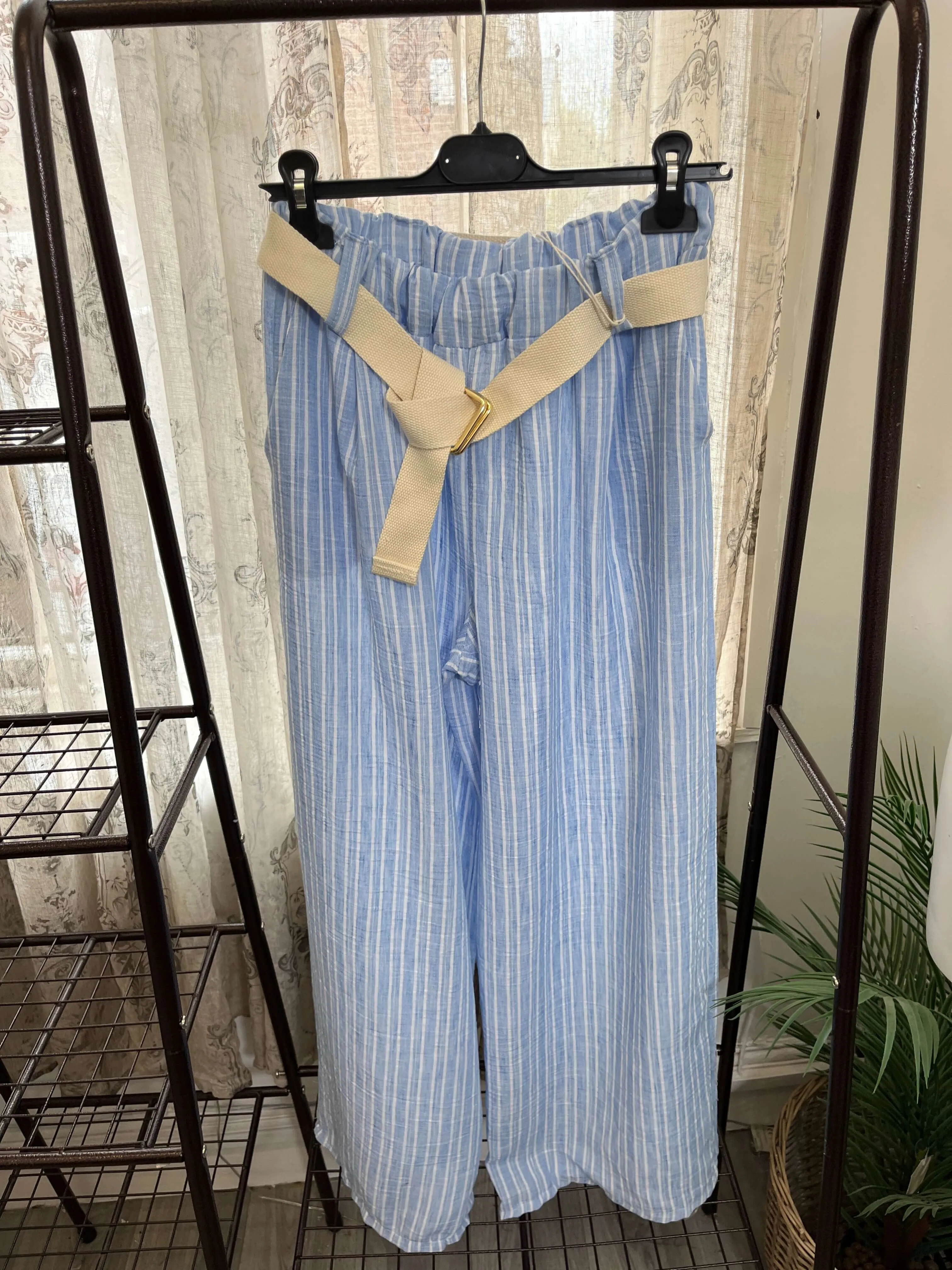 Striped Wide Leg Belted Summer Trousers