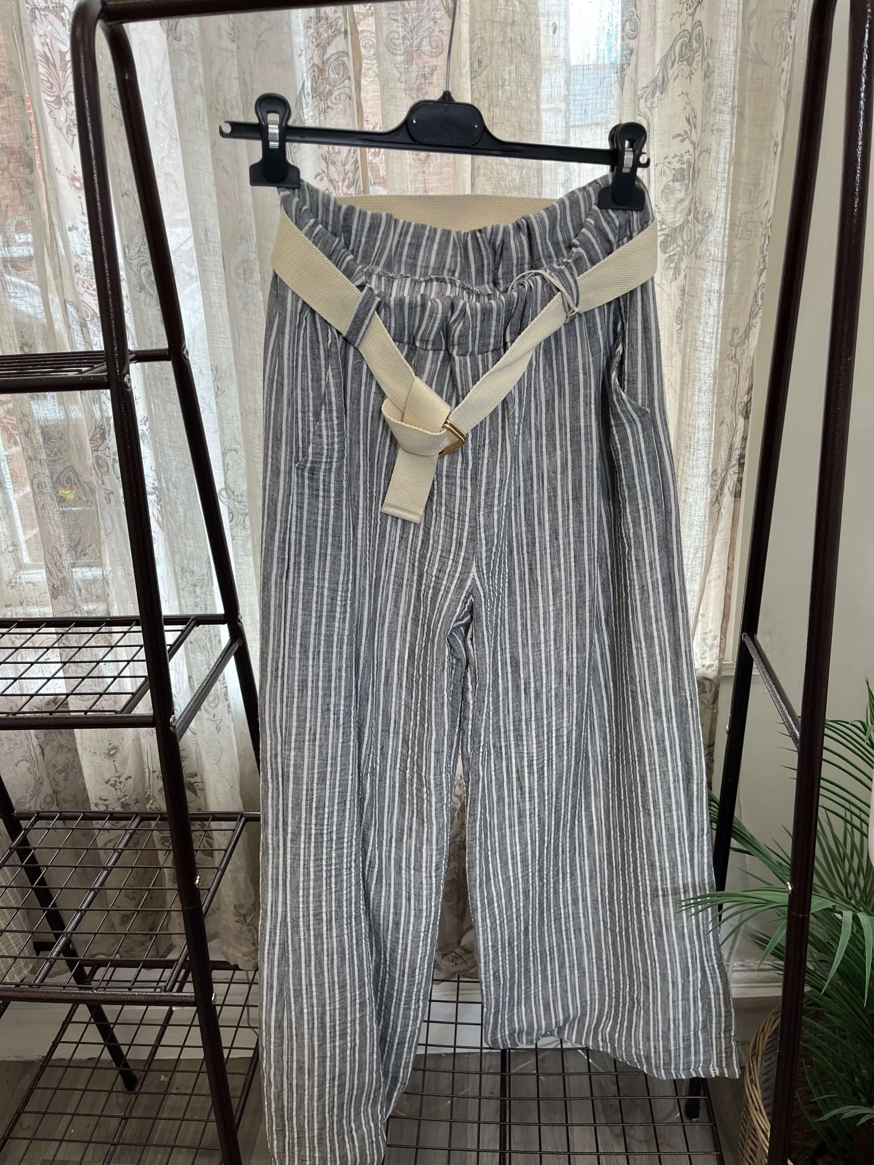 Striped Wide Leg Belted Summer Trousers