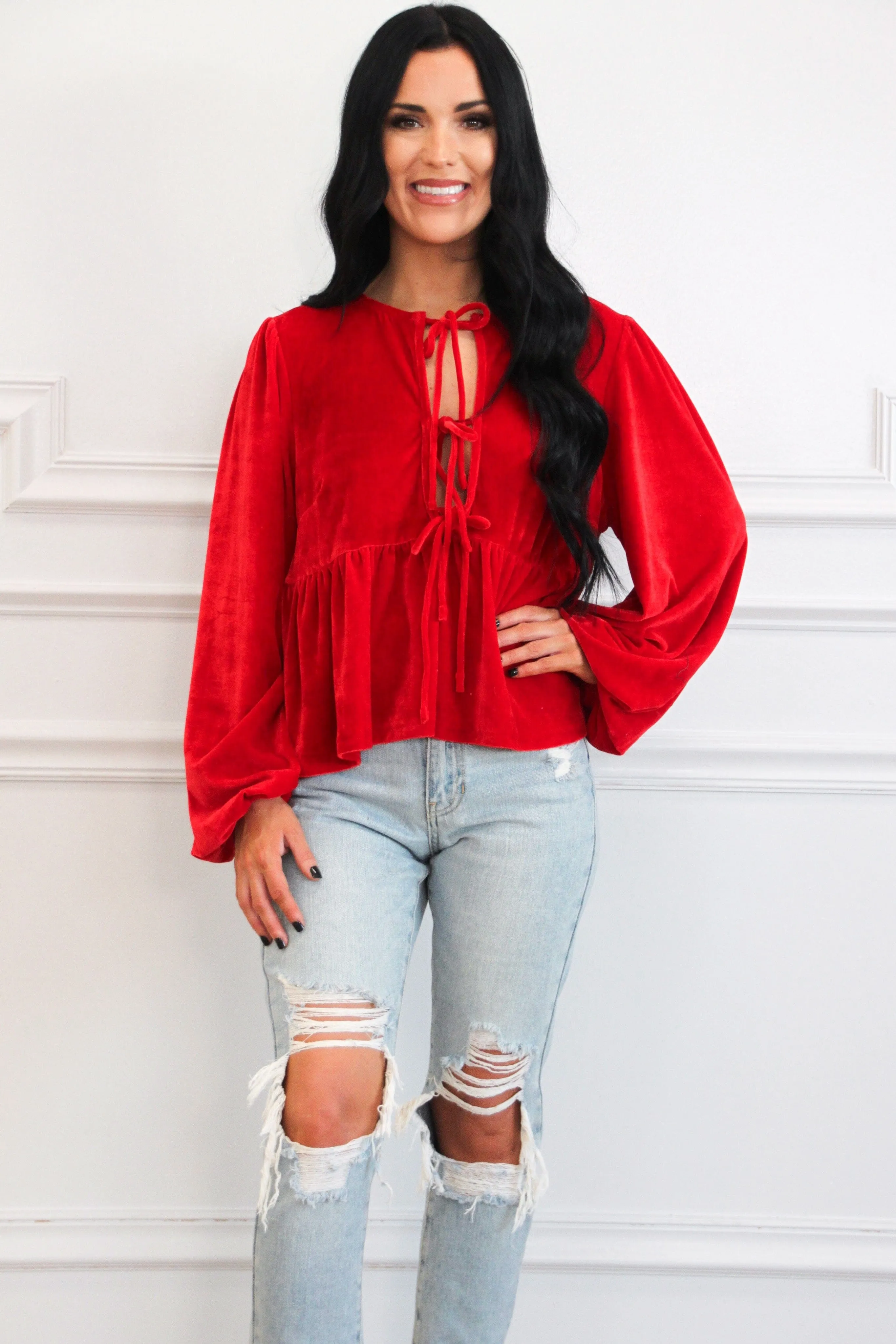 Sweetest Kiss Velvet Bow Top: Red