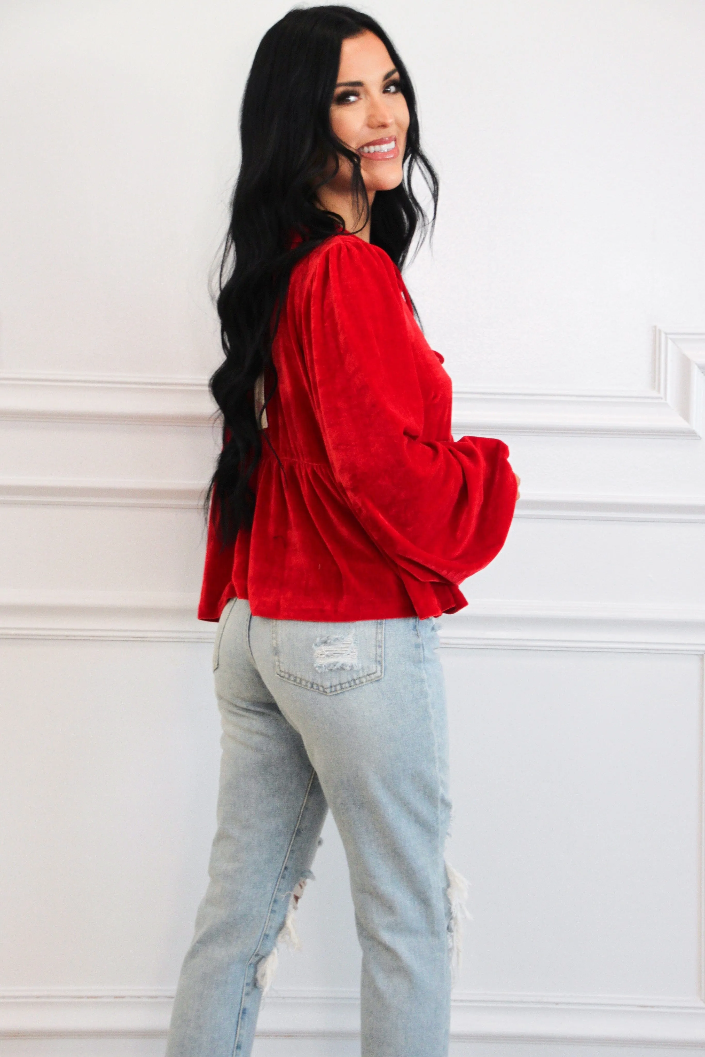 Sweetest Kiss Velvet Bow Top: Red