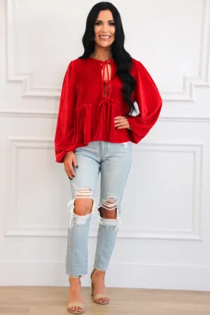 Sweetest Kiss Velvet Bow Top: Red
