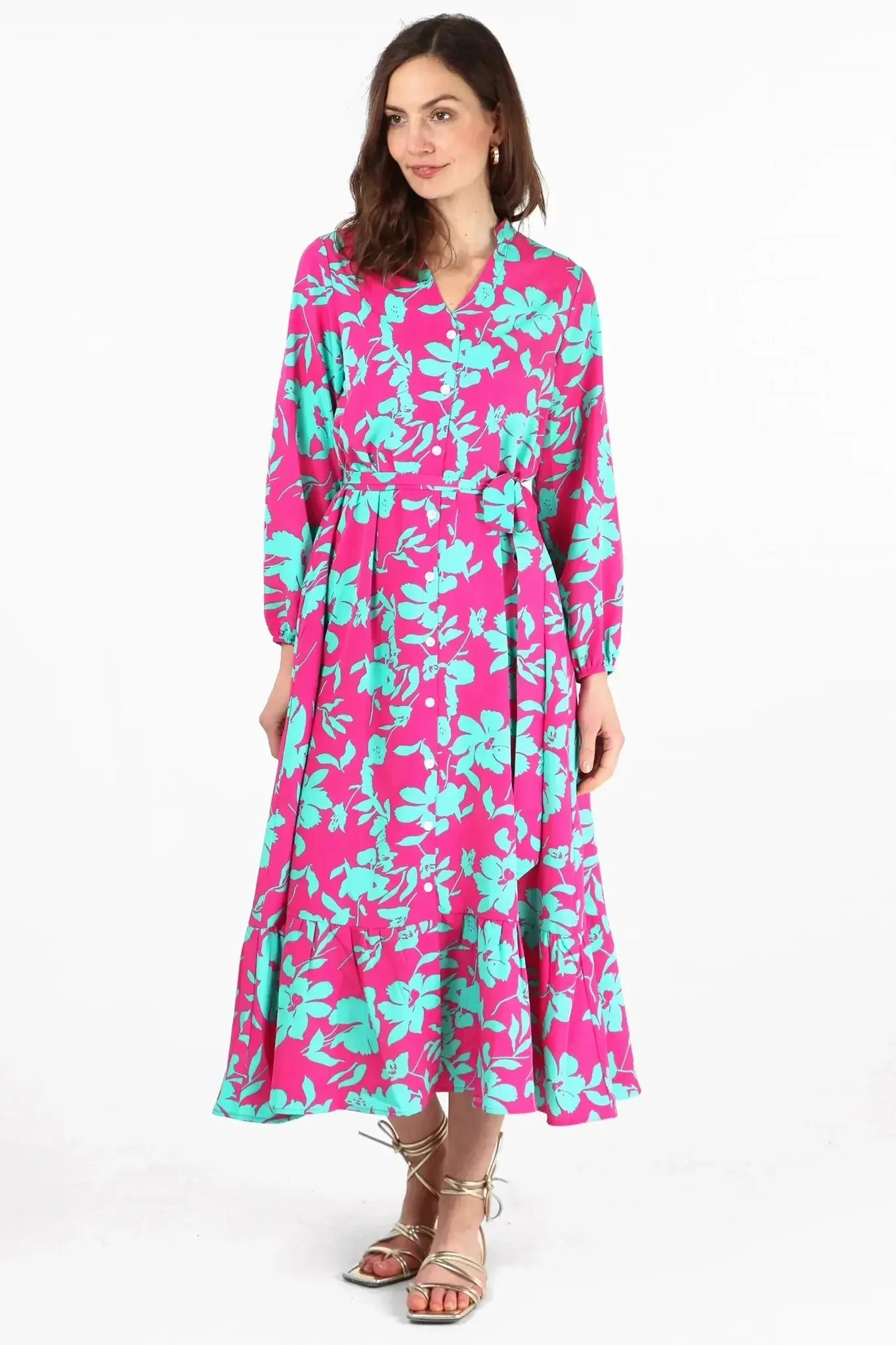 Tropical Floral Print  Button Down Tiered Shirt Dress - Pink
