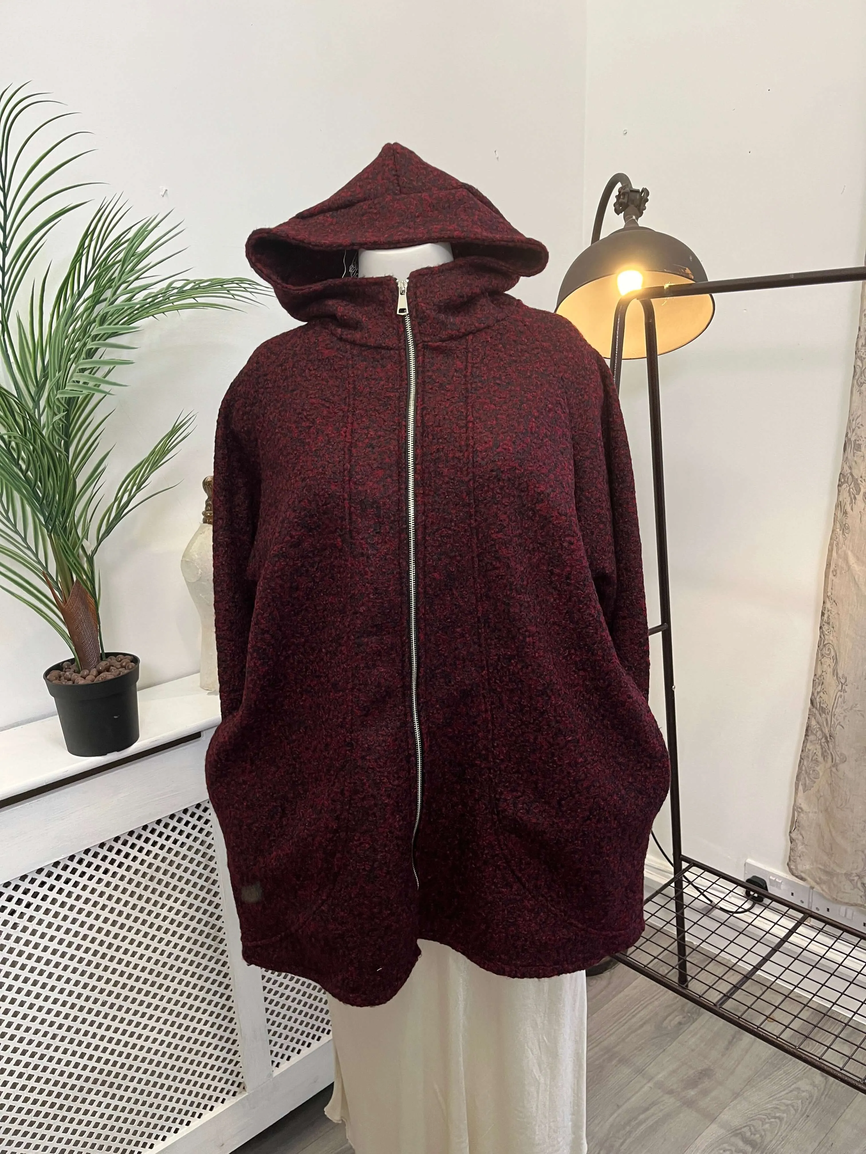 Zip Through Hooded Boucle Coatigan