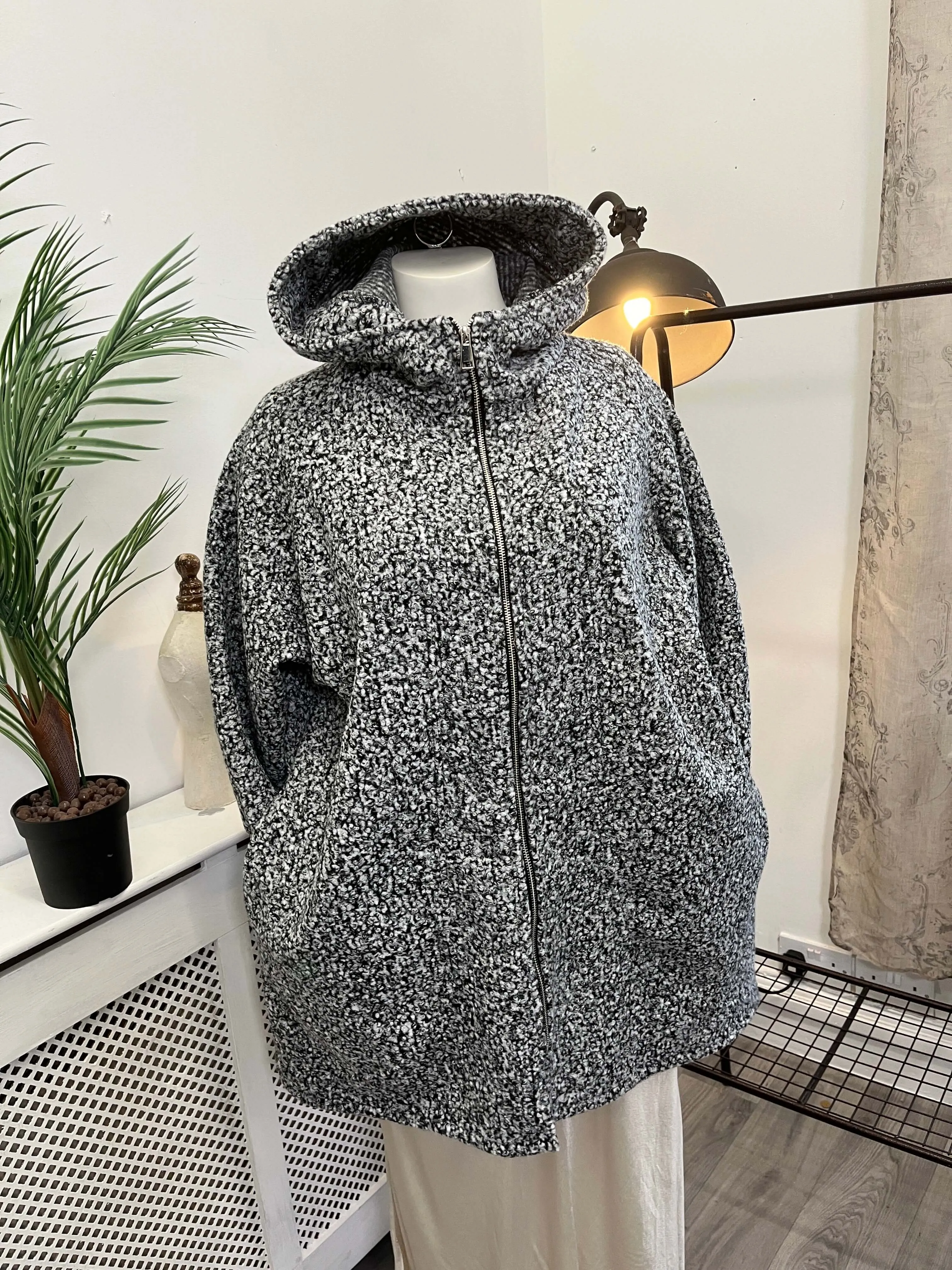 Zip Through Hooded Boucle Coatigan